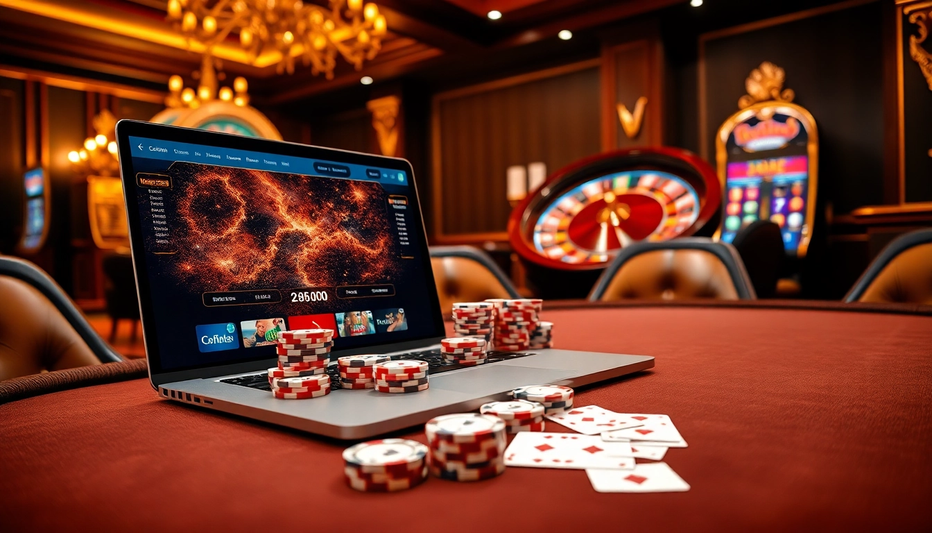 Vivez l'excitation d'un casino en ligne avec des jetons de poker vibrants et une roue de roulette.