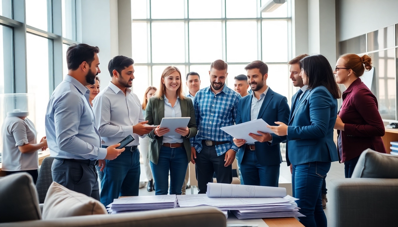 Construction association professionals collaborating on project plans in a vibrant office setting.