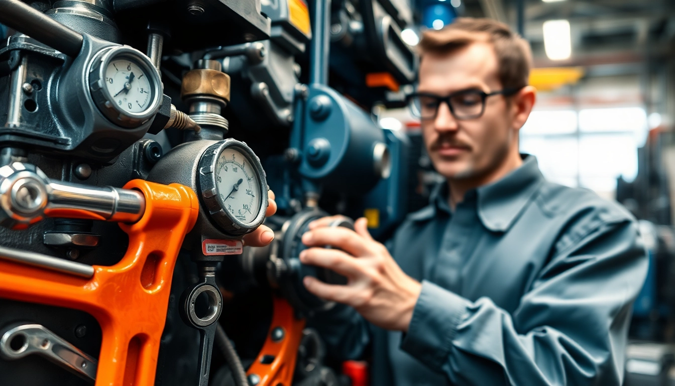 Performing hydraulic system maintenance with precision tools in an industrial environment.