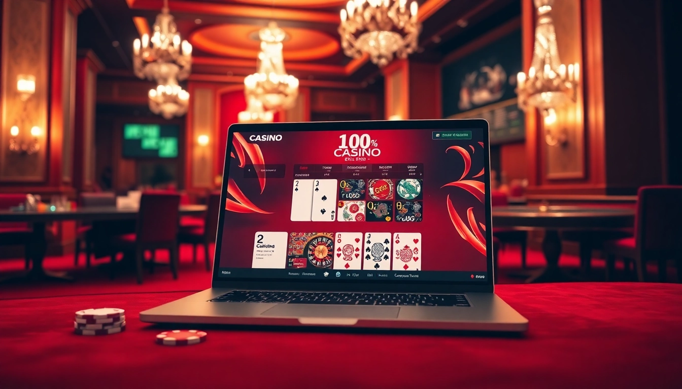 Visuel engageant de casino en ligne avec des ordinateurs portables, des jetons de poker et une atmosphère de casino vibrante.