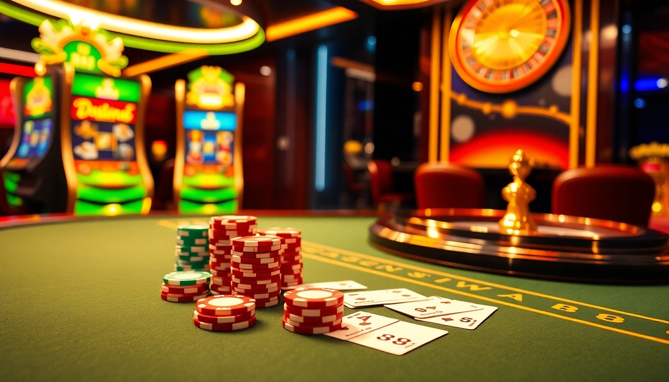 Experience the thrill of online gaming with NEW 88, featuring vibrant casino tables and exciting slot machines.