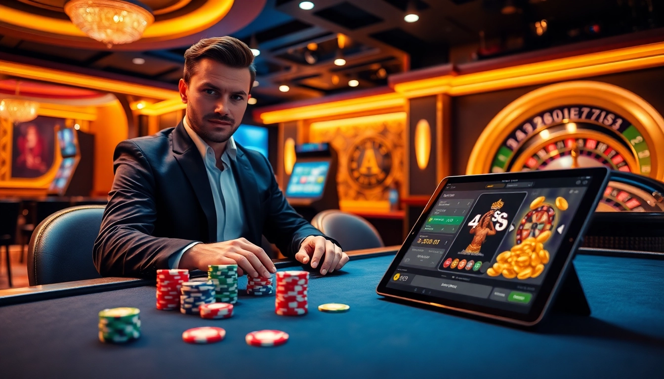 Expérience engageante de casino en ligne mettant en scène un joueur à une table de jeu moderne avec des jetons de poker vibrants.