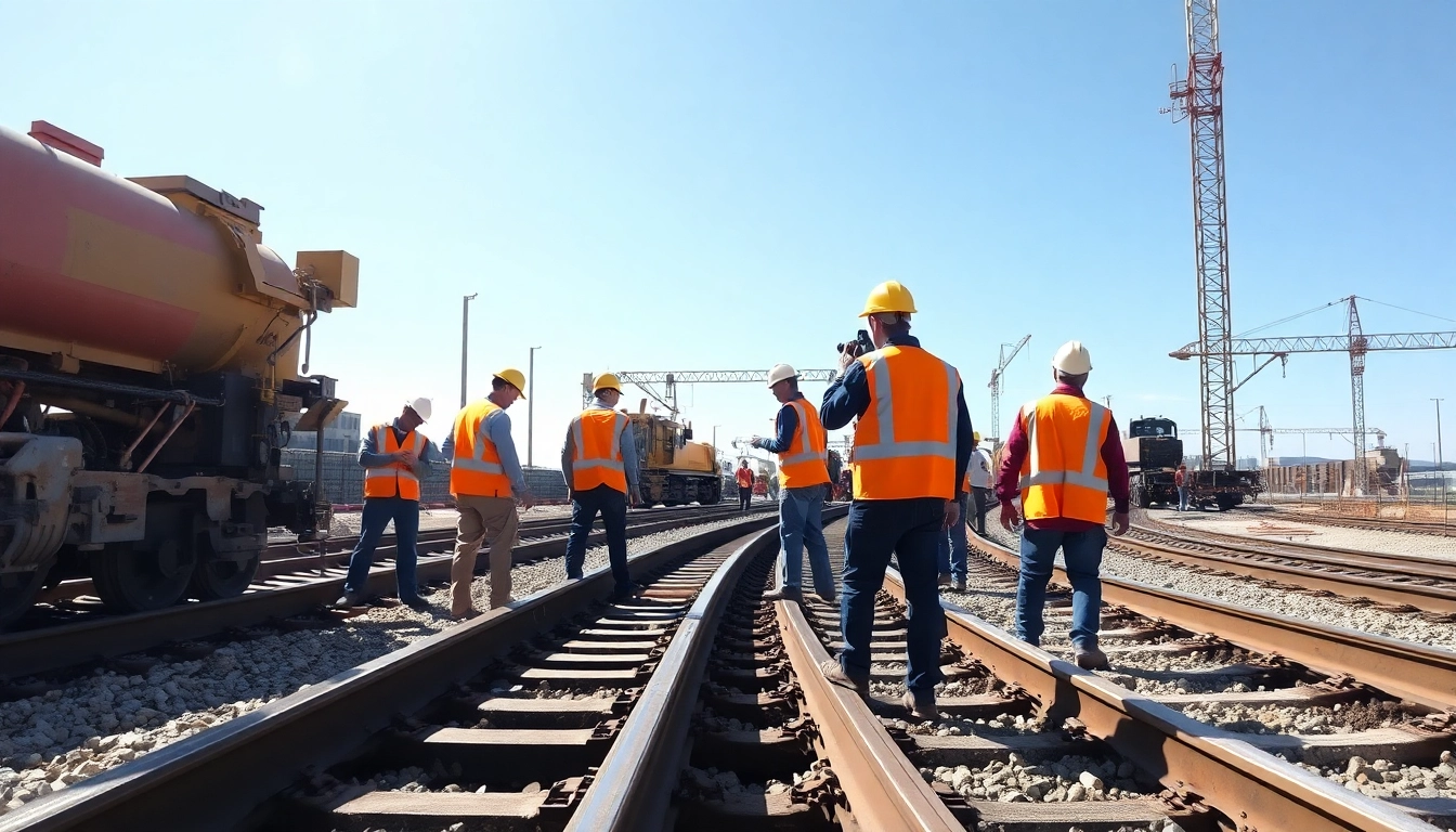 Railroad Contractors collaborating at a construction site, showcasing safety and teamwork.