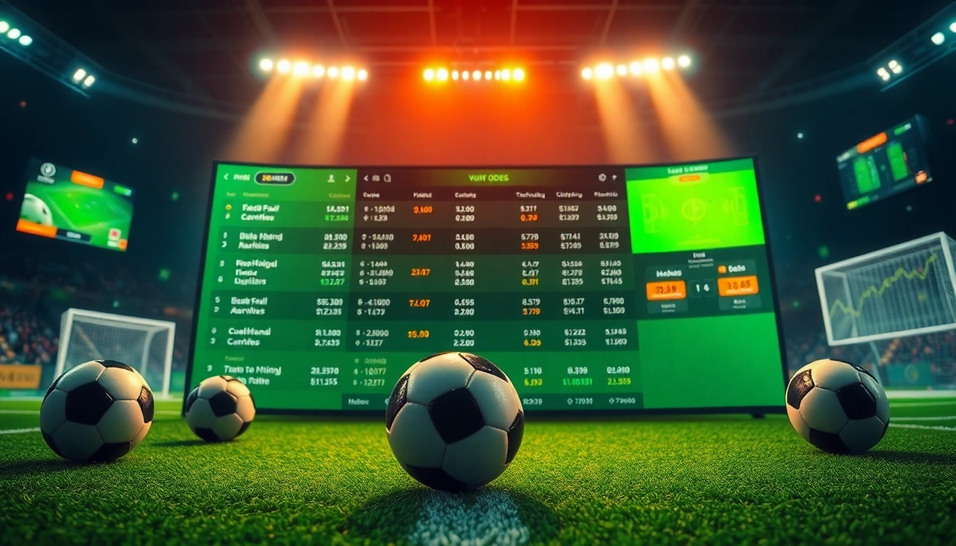Tỷ lệ kèo displayed on a modern betting platform interface with vibrant colors and engaging soccer elements.