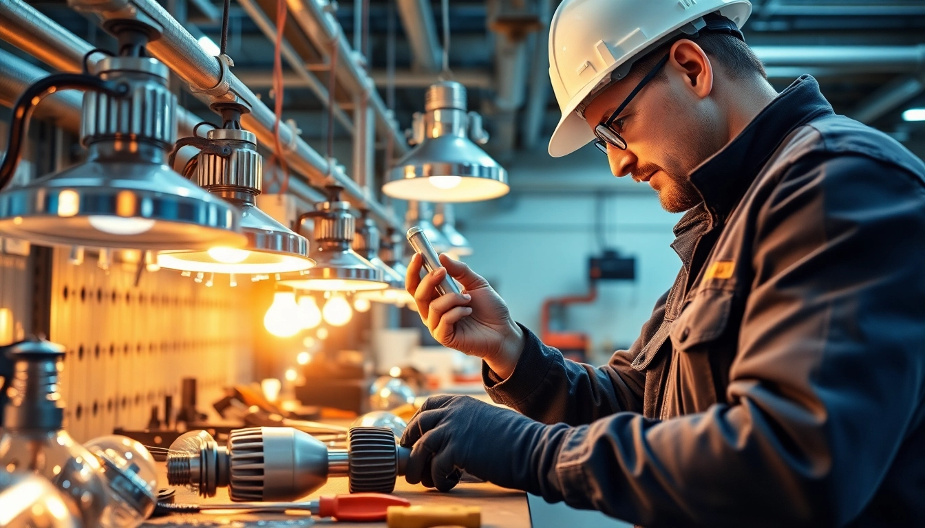 Engaging in lighting service maintenance with a technician at work, showcasing tools and equipment.