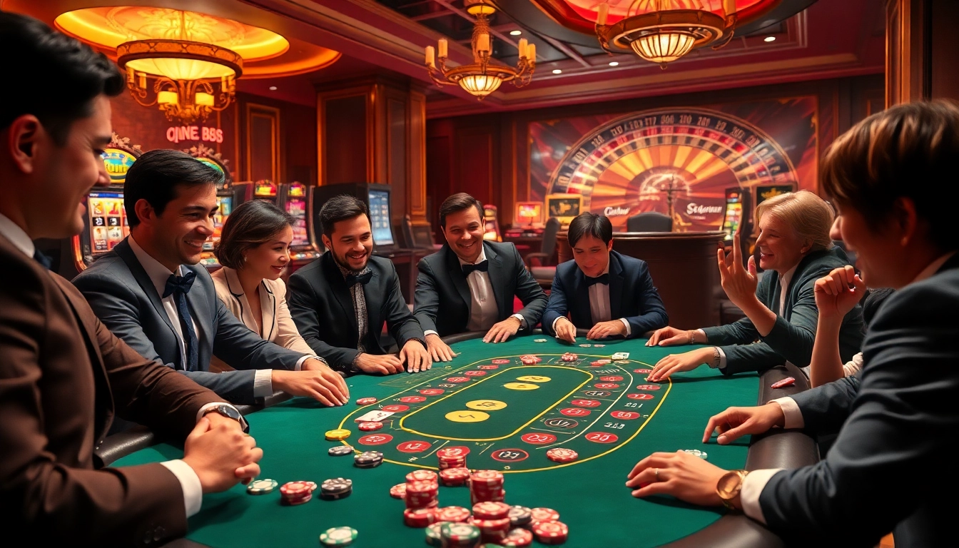 Players enjoying a thrilling blackjack game at QQ88 casino with vibrant slot machines and rich lighting.