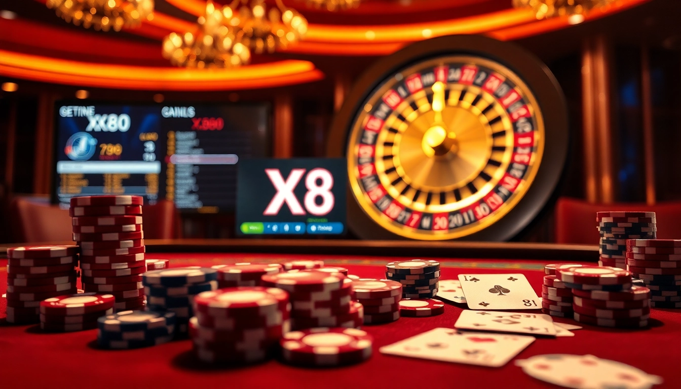 Experience thrilling gameplay at the X88 casino with vibrant poker chips and stunning roulette wheels.