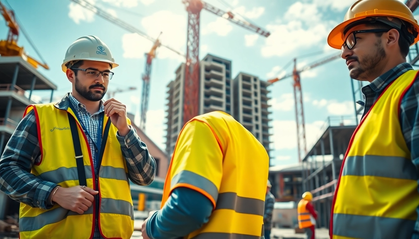 Demonstrating construction site safety measures with workers in safety gear on-site.