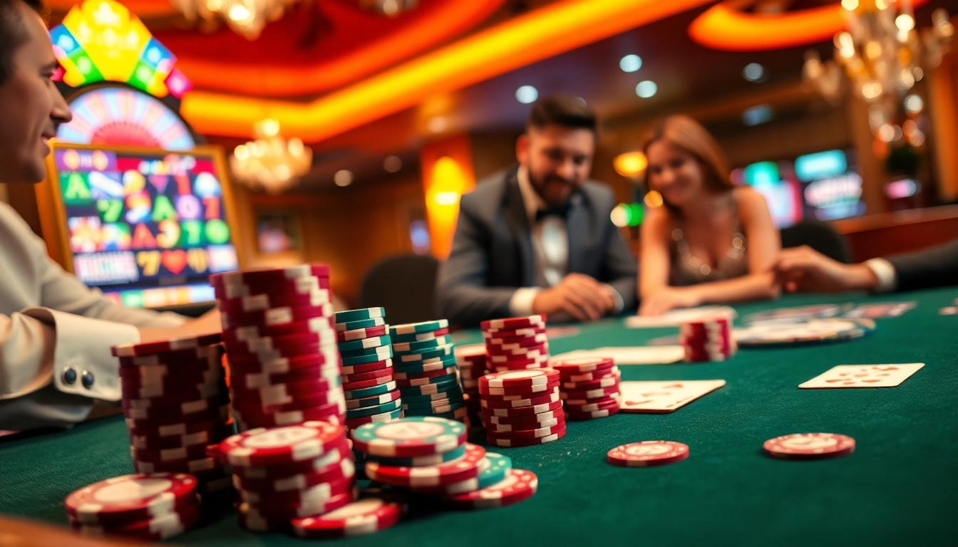 Intense poker game at https://kjc.football/ with vibrant chips and cards, capturing casino excitement.