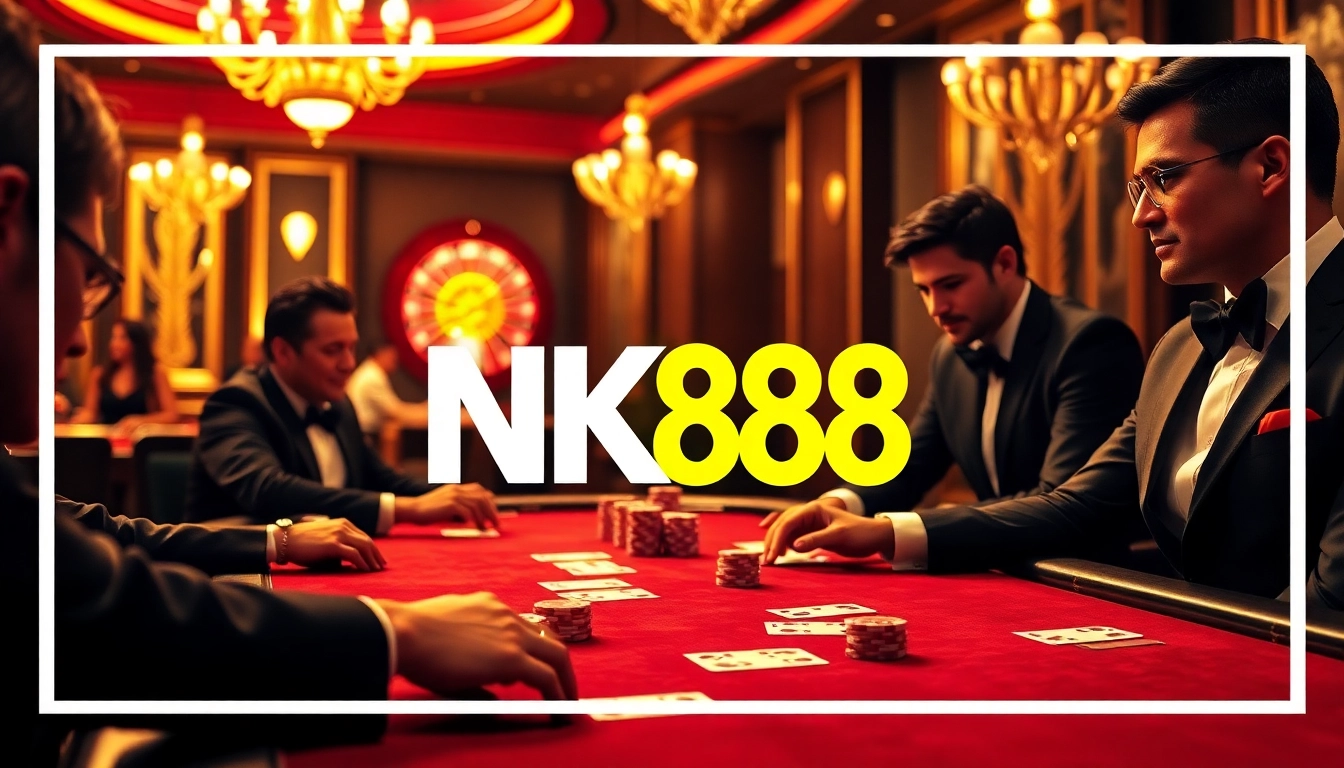 Players enjoying a thrilling game at NK88 casino poker table with chips and cards.