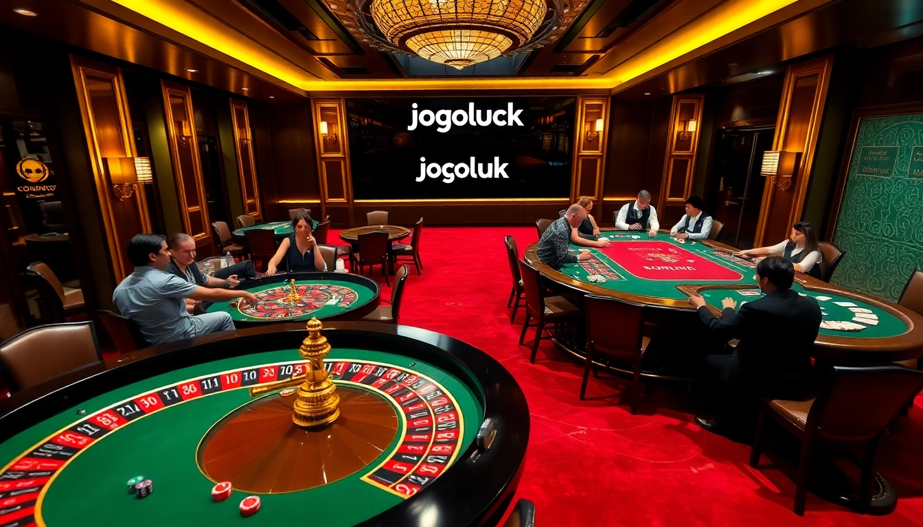 Jogoluck's thrilling casino atmosphere featuring players at poker and roulette tables with vibrant décor.