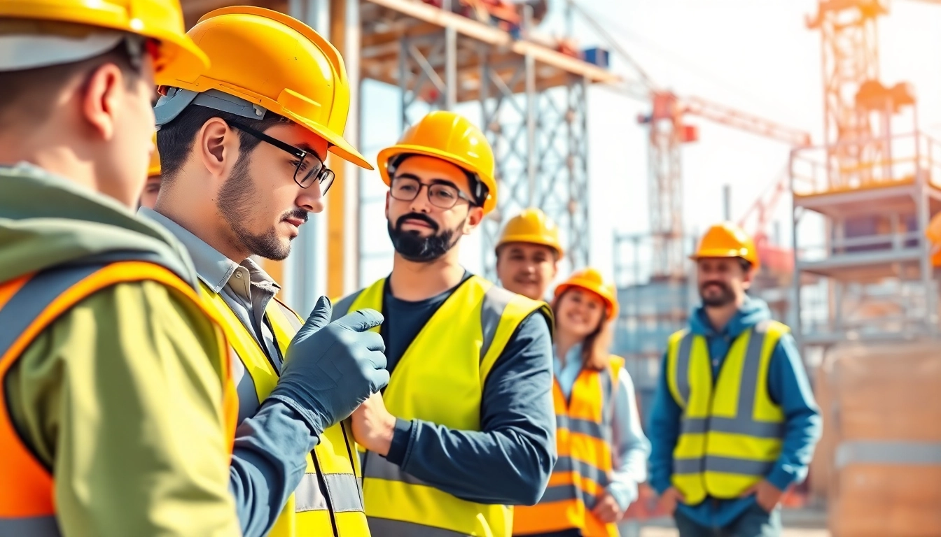 Promote construction site safety, showcasing workers in safety gear actively monitoring and enforcing protocols.