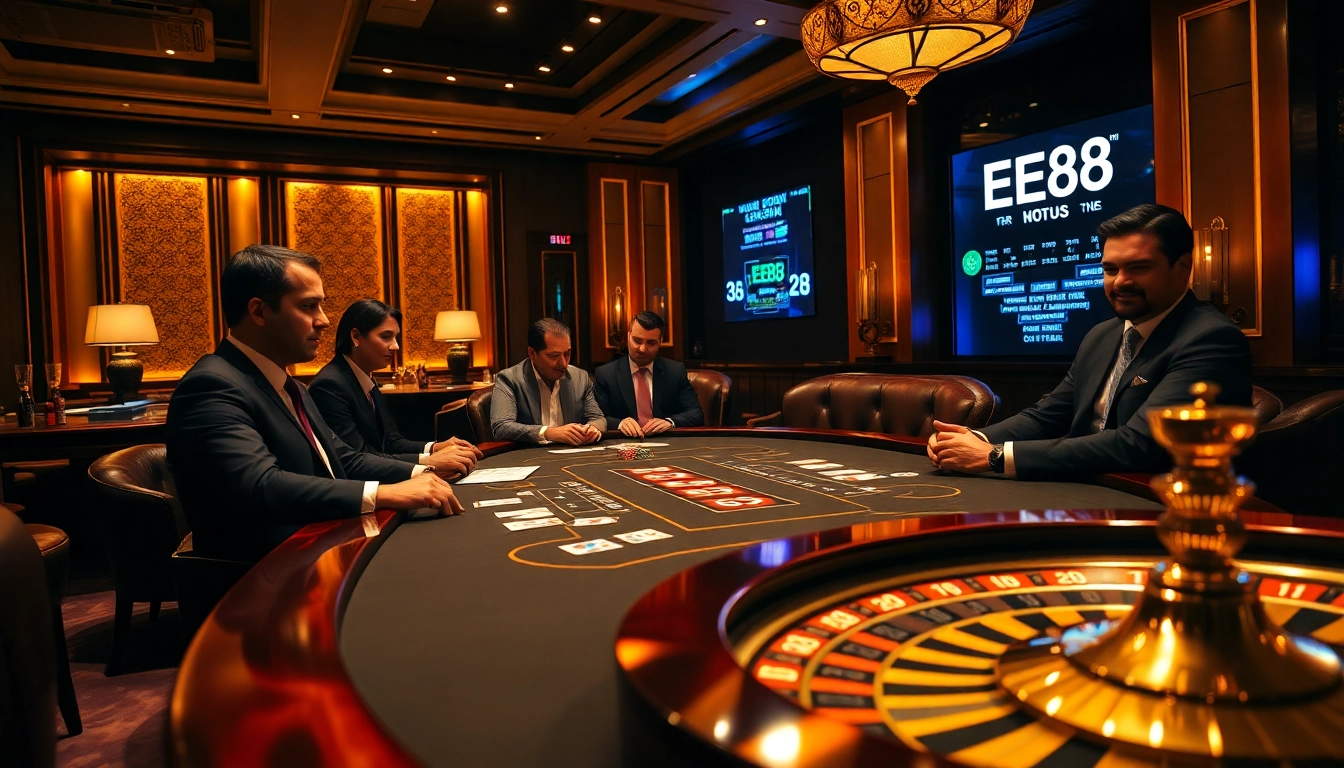 EE88 poker table with vibrant chips and a glowing roulette wheel embodies luxury gambling.