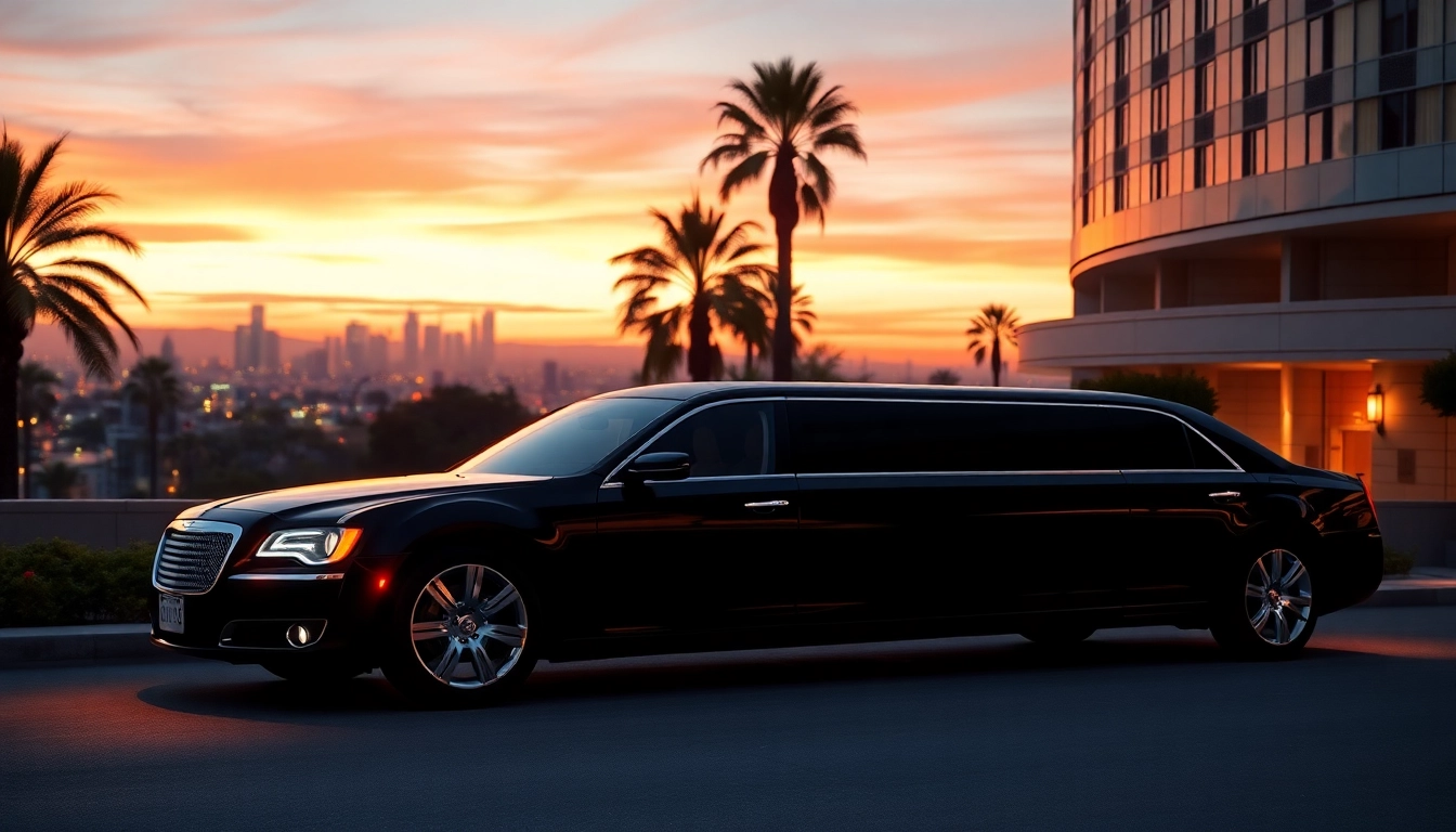 Luxurious LA Limo parked outside a high-end hotel in Los Angeles at twilight, reflecting city lights.