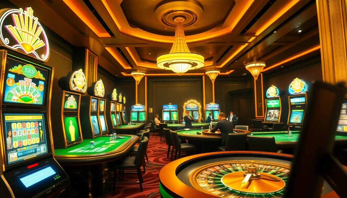 Scène captivante de casino en ligne avec des tables de poker luxueuses et des machines à sous vibrantes.