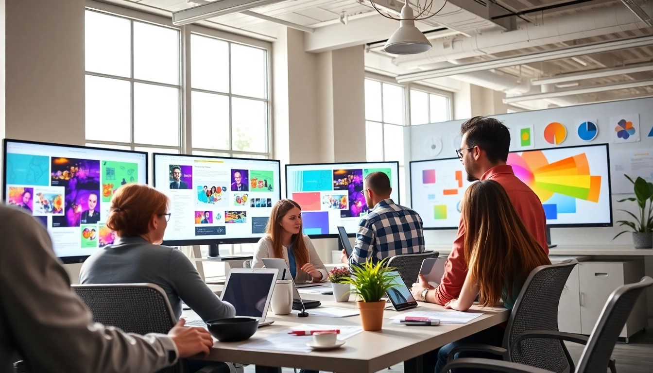 Web designers essex collaborating in a bright office creating vibrant design projects.