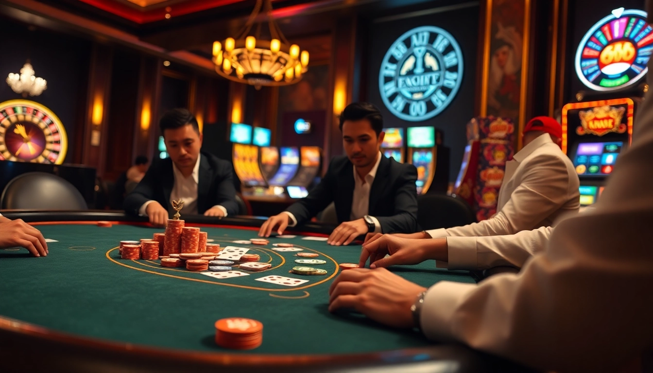 Players winning big at the RR88 poker table amidst a luxurious casino backdrop.