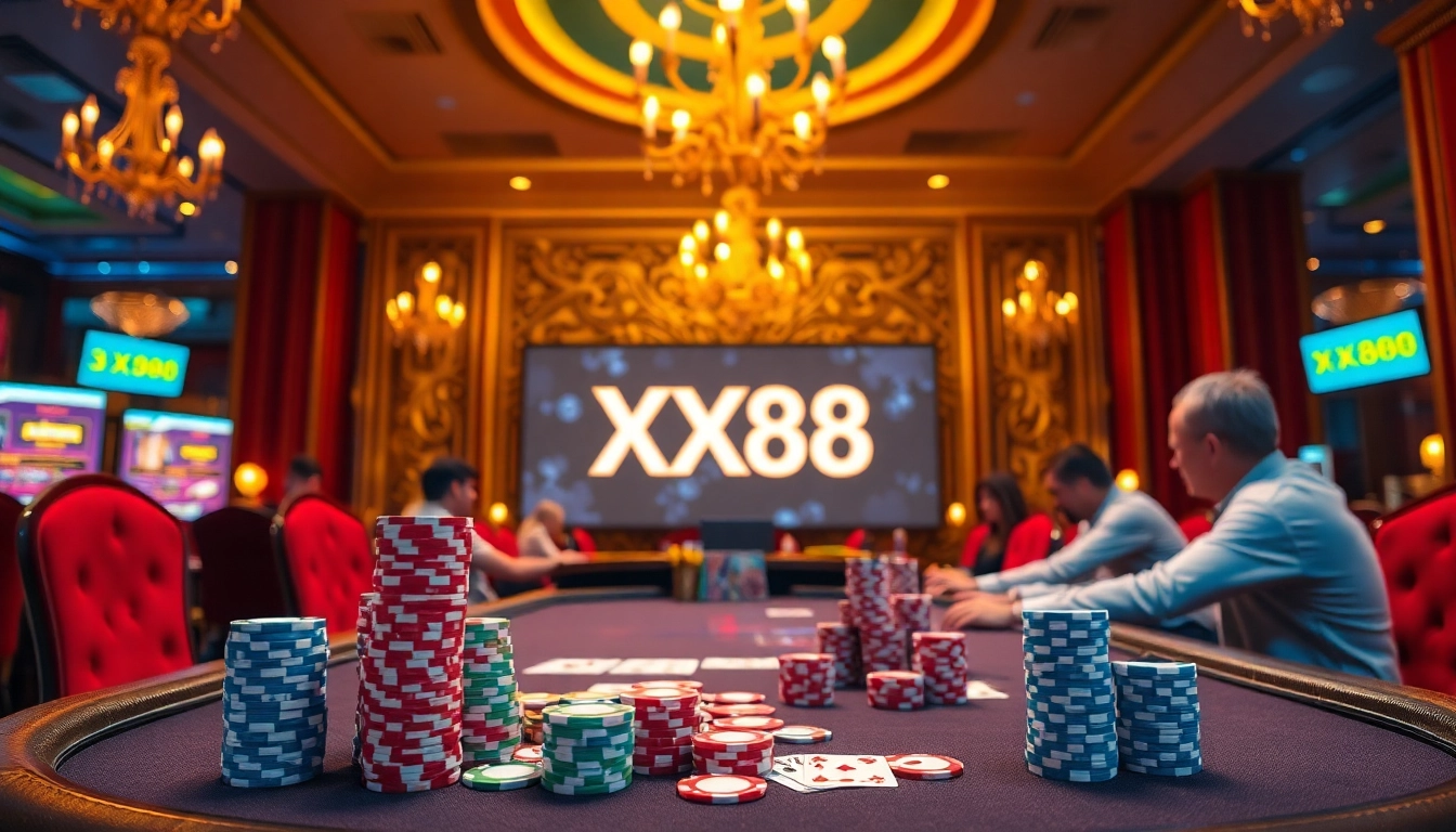 Engaging poker players at XX88 showcase vibrant betting action in a luxurious casino.