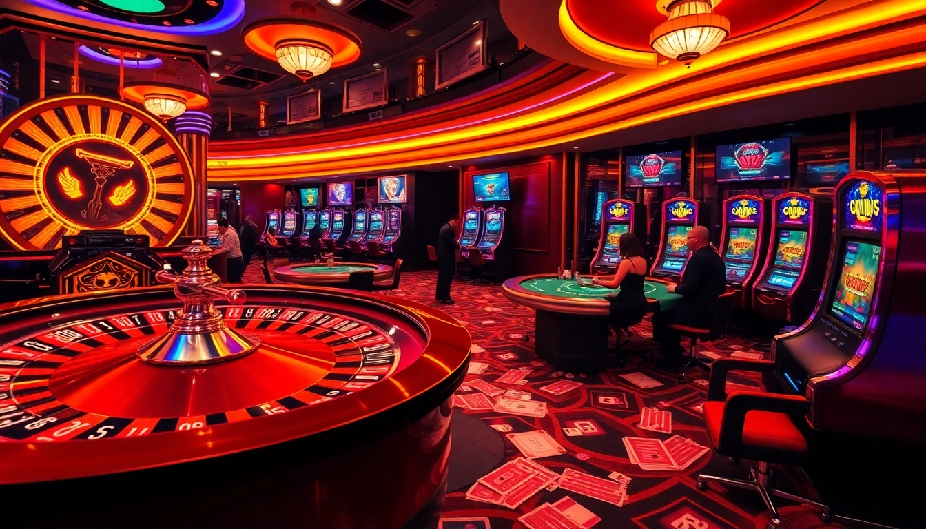 Scène dynamique d'un casino en ligne avec une roulette virtuelle, des tables de poker et une atmosphère animée.