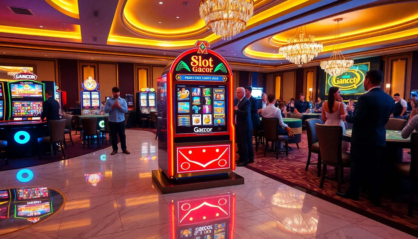 Experience the thrill of slot gacor at a luxurious casino with vibrant lights and excited players.