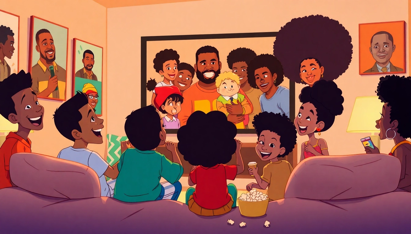 A scene showcasing children enjoying African American cartoons like 'The Boondocks' and 'Proud Family' in a cozy living room.