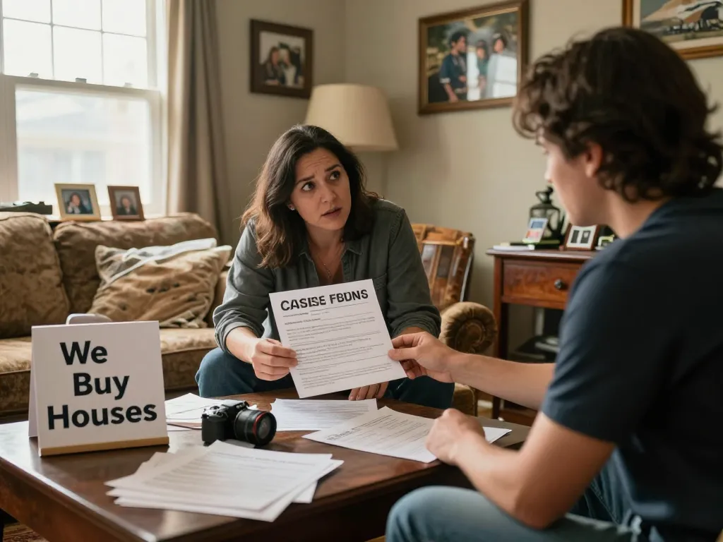 We buy houses for cash scene with buyer helping distressed homeowner in their living room.