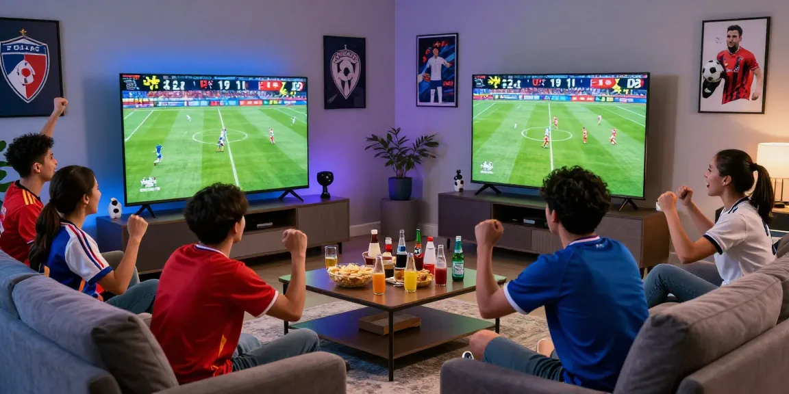 Pengalaman nonton bola dengan teman di ruang tamu saat pertandingan, suasana riang dan penuh semangat.